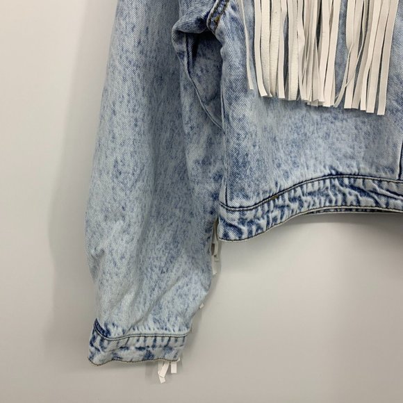 BlankNYC Jacket Nice Try Blue Denim White Fringe Button - Picture 9 of 14